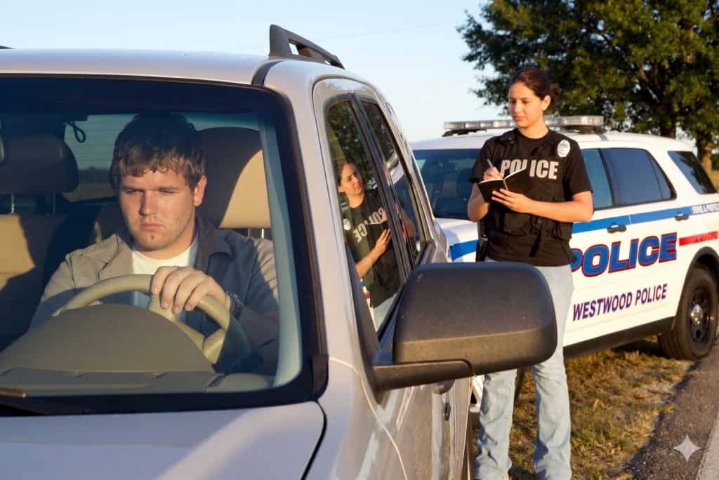 Police officers conduct DWI checkpoint with vehicle and seized property.